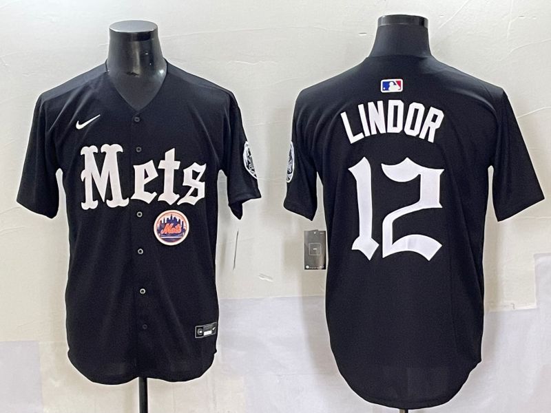 Men 2025 New York Mets #12 Lindor Black Five generations Joint Name Nike MLB Jersey style 12->new york mets->MLB Jersey